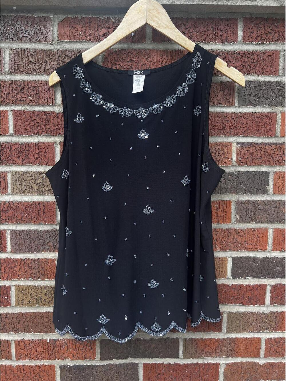 MSK Black and Silver Sequin Jeweled Scoop Neck Tank Top